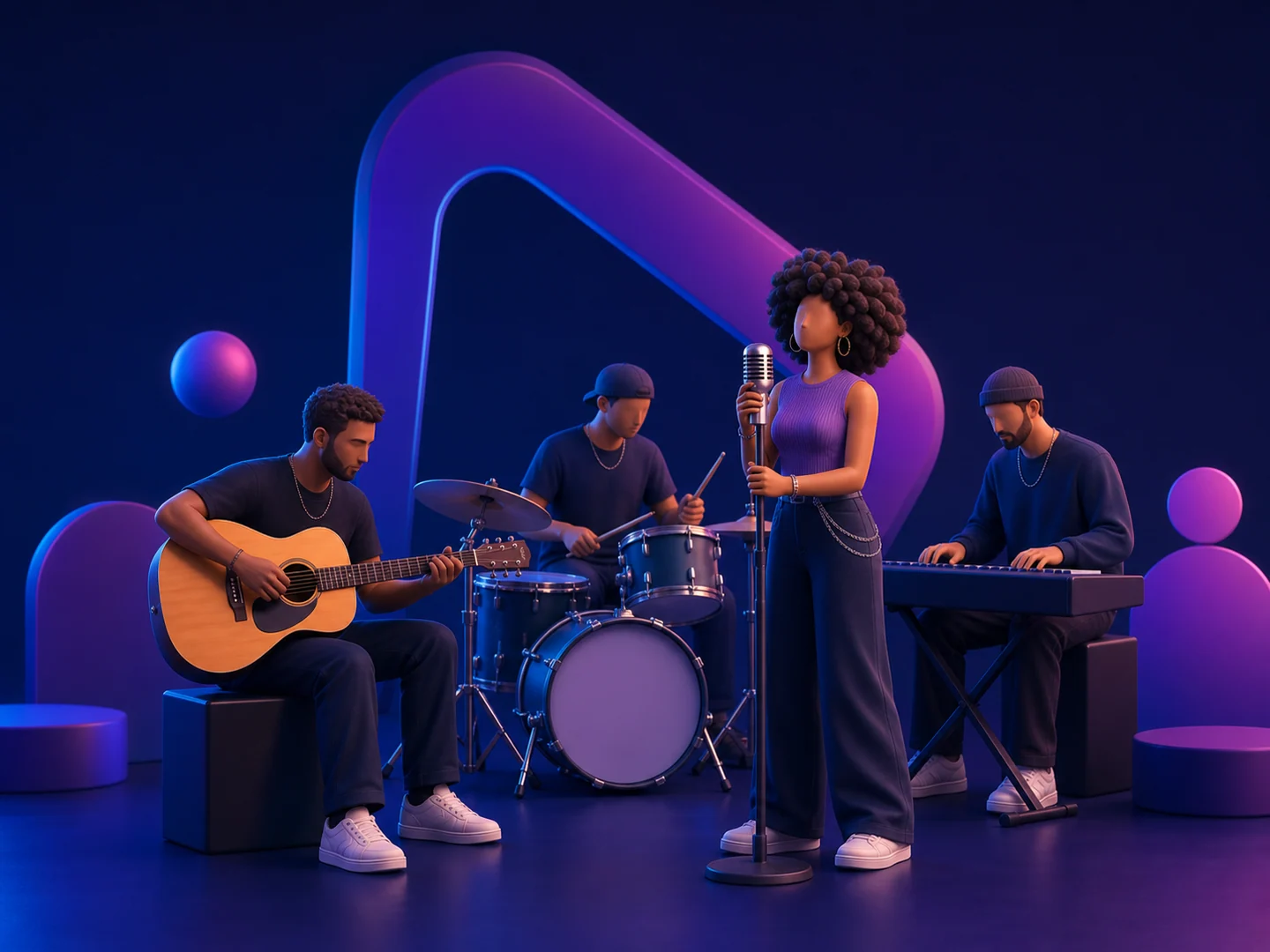 Banda com cantora, guitarrista, baterista e tecladista em um estúdio musical