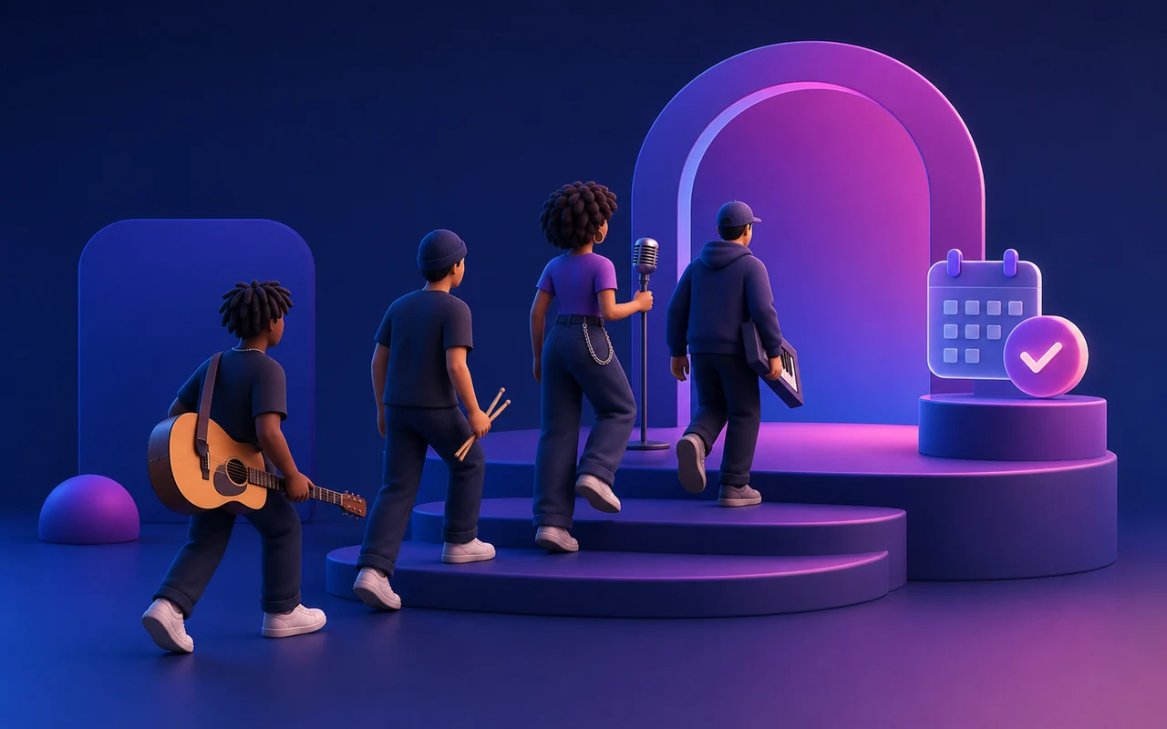 Banda seguindo para um palco com a apresentação confirmada