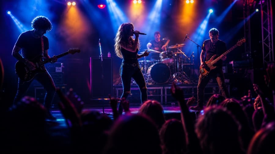 Banda tocando para uma plateia em um palco iluminado