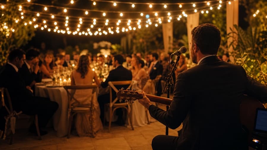 Músico se apresentando em um evento iluminado